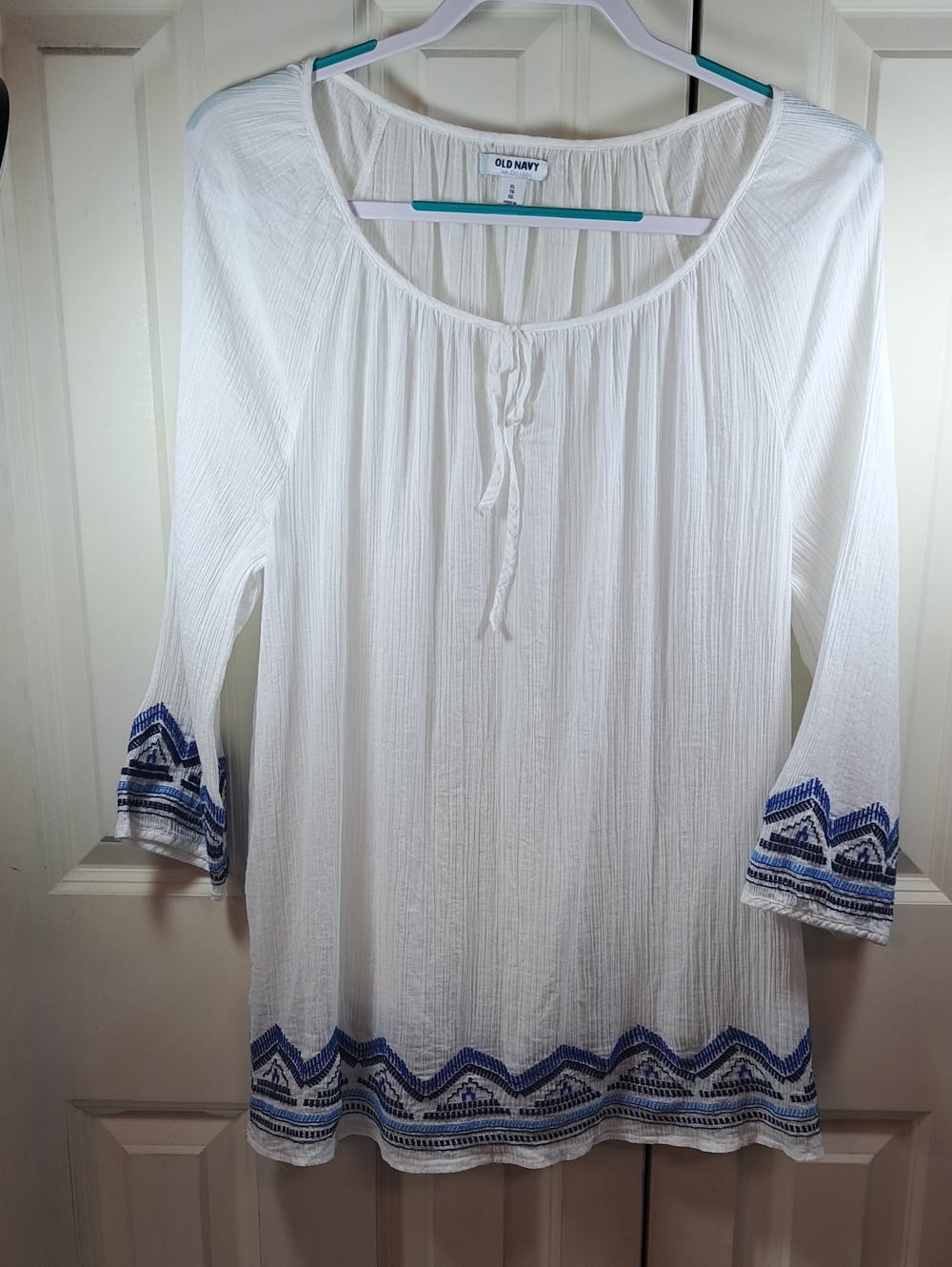 Old Navy White Peasant Tunic with Blue Geometric Embroidery
